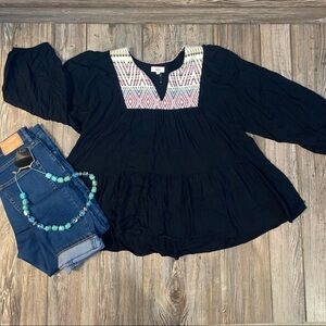 Entro Black Babydoll Embroidered Top